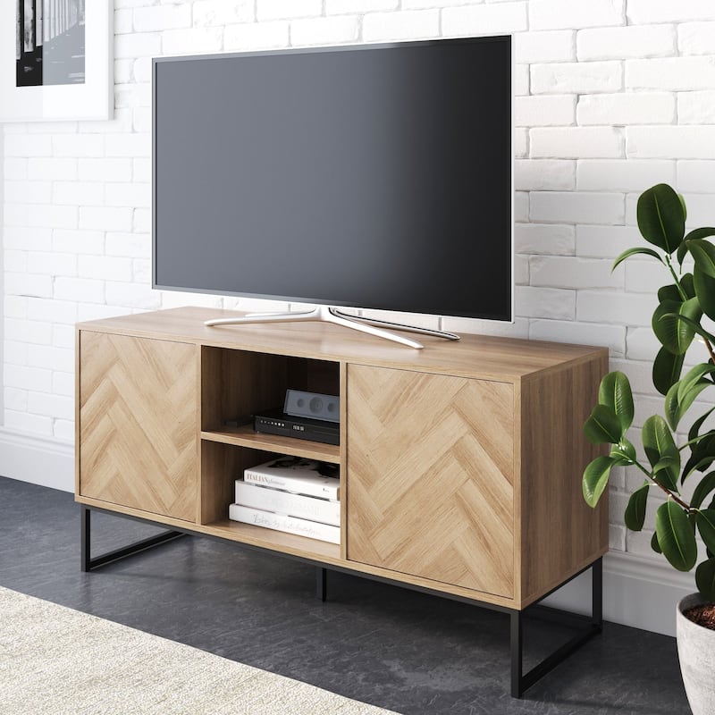 Nathan James Dylan Media Console Cabinet TV Stand with Hidden Storage Herringbone Pattern Wood Metal - 47 inches in width - Oak/Matte Black