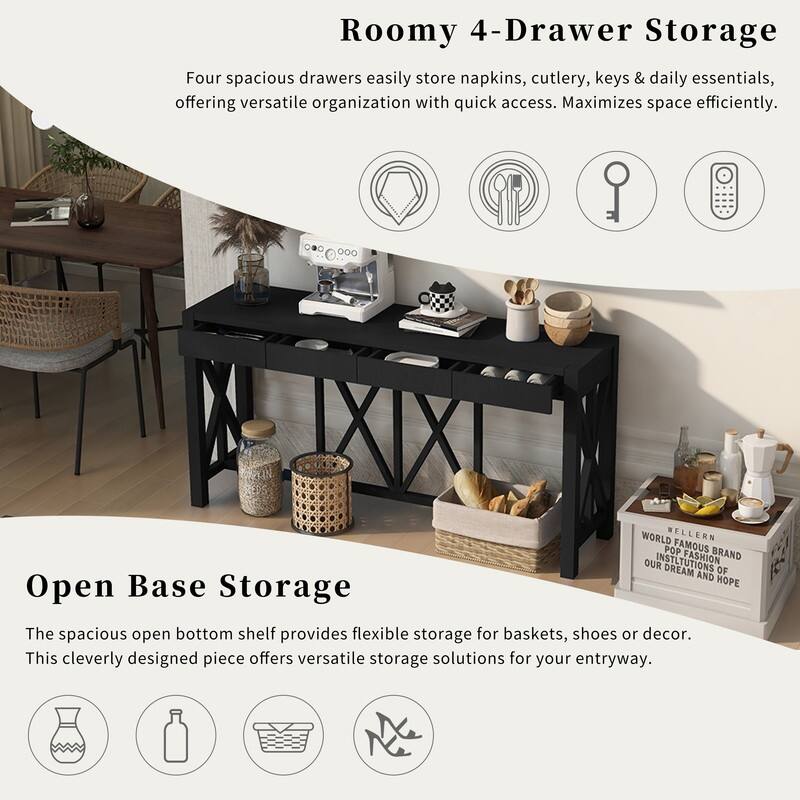 60''Acacia Veneer Console Table with 4 Spacious Drawers, Modern Crisscross Design Entryway Table with Open Bottom Storage