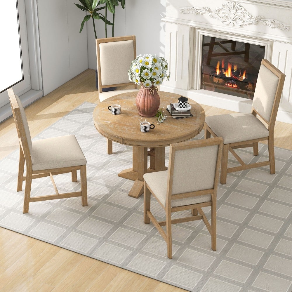 5-piece Farmhouse Dining Set with Extendable Round Table and 4 Upholstered Chairs