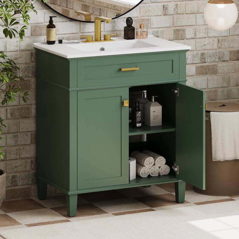 GDFStudio - Ailsa 30" Wood Bathroom Vanity with Ceramic Basin, Soft-Close Doors & Adjustable Shelves - Green