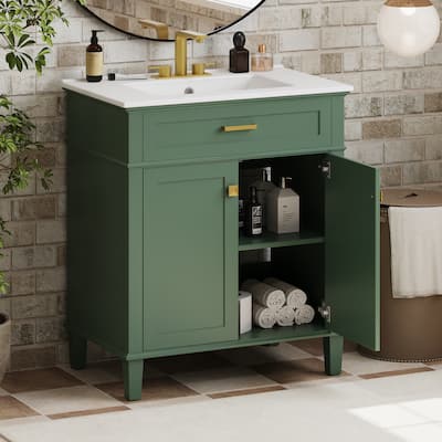 Green Bathroom Vanity Cabinet with Ceramic Basin, 30" Solid Wood Frame Bathroom Storage Cabinet with Adjustable Shelves