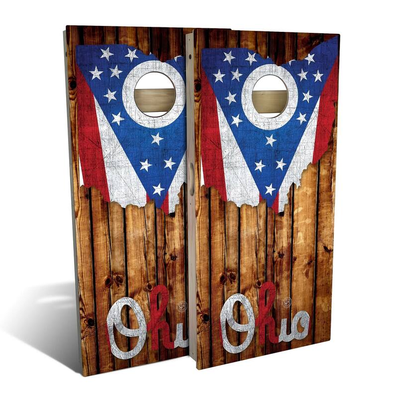 Ohio Flag Rustic Wood Outdoor Cornhole Board Set - All-Weather 2x4 - Include Case + Hole Lights