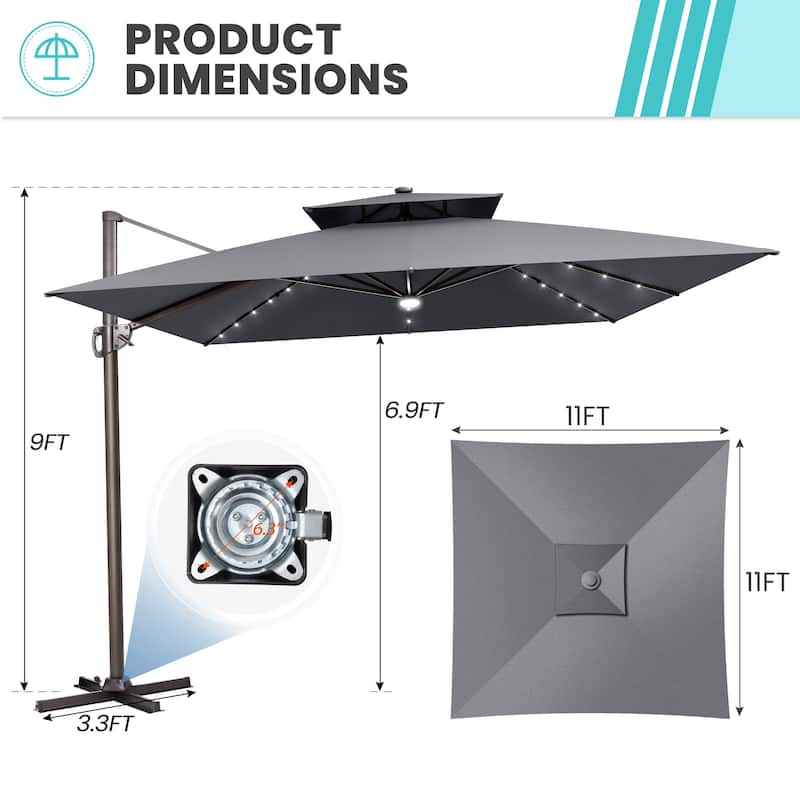 11 FT Square Outdoor Double Top Solar Powered LED Patio Cantilever Umbrella