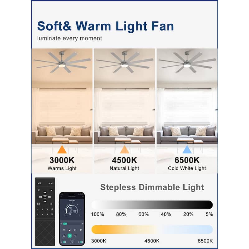 Large Ceiling Fan with Light - 8-Blade, Remote App Control, Dimmable 3CCT, Quiet DC Motor​, 66/72 Inches