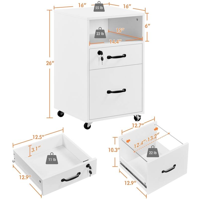 Yaheetech Rolling File Cabinet with 2 Drawers and 1 Open Shelf Filing Cabinet for Home Office