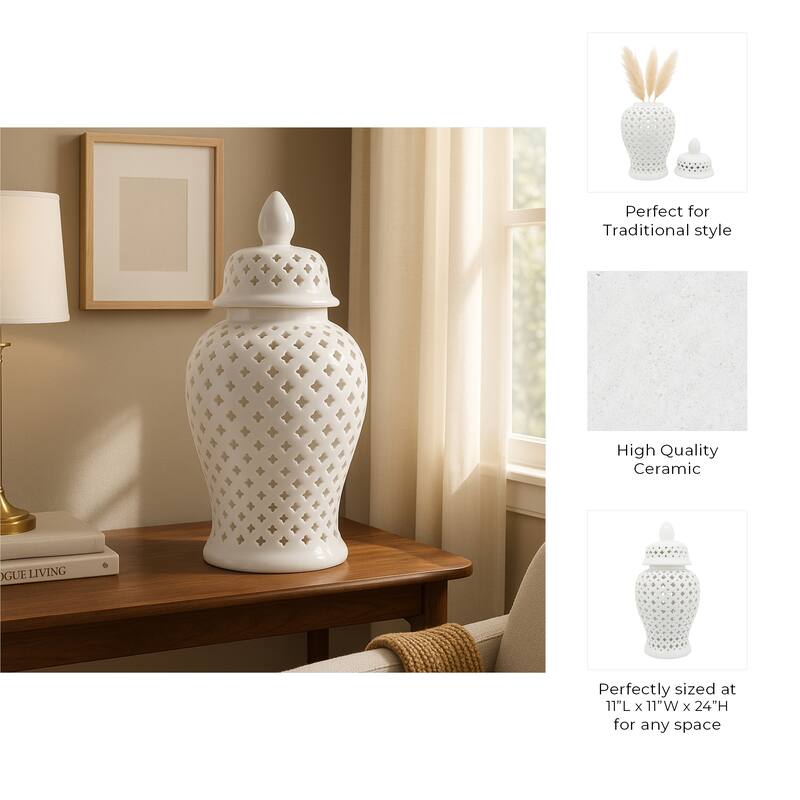 Modern Decorative Jar with Glossy Ceramic and Pierced Cutout Desig