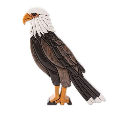 Handmade Bald Eagle Cedar And Mahogany Wood Statuette (Peru) - 7.75" H x 6.25" W x 1.4" D
