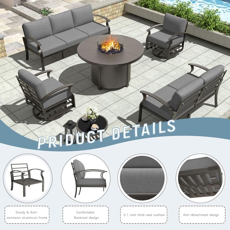 Patio Aluminum Sofa with Armrests, Outdoor Conversation Set with Round Fire Pit Table 5inch Thick Seat Cushions