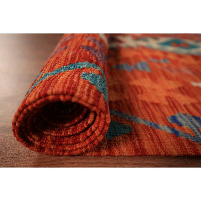 Reversible Orange Kilim Oriental Area Rug Hand-Woven Wool Carpet - 8'3" x 9'9"