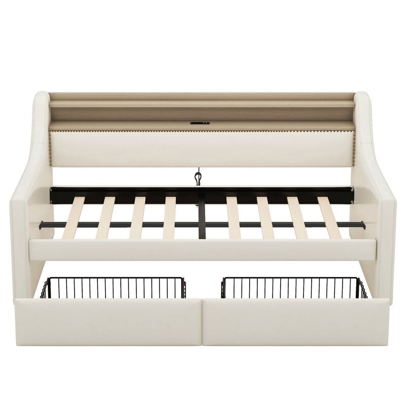 Twin Size Upholstered Daybed with Storage Drawers, Charging Station & LED Lights in Beige