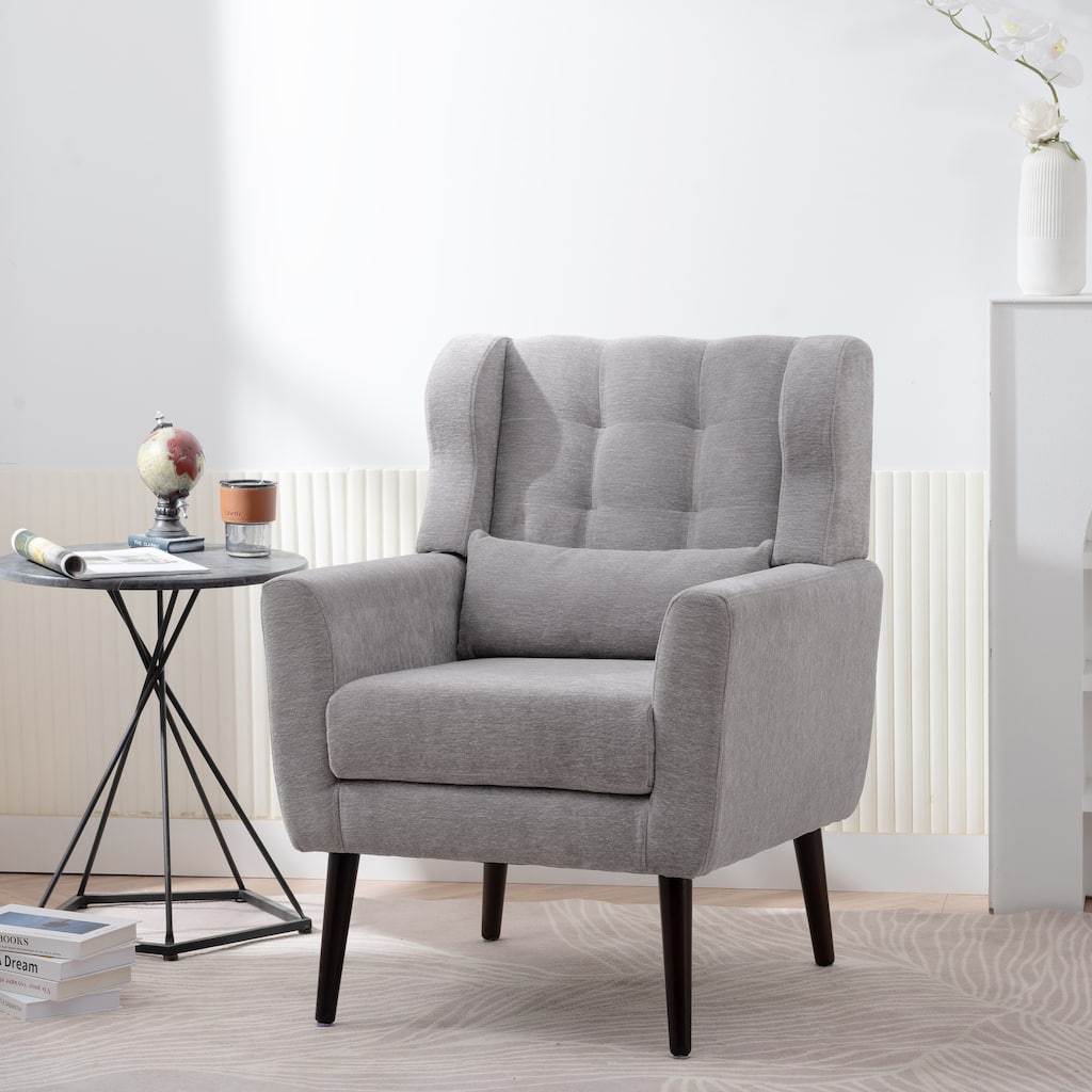 Grey Modern 24.21" Upholstered Button Tufted Arm Chair with Wood Legs for Living Room