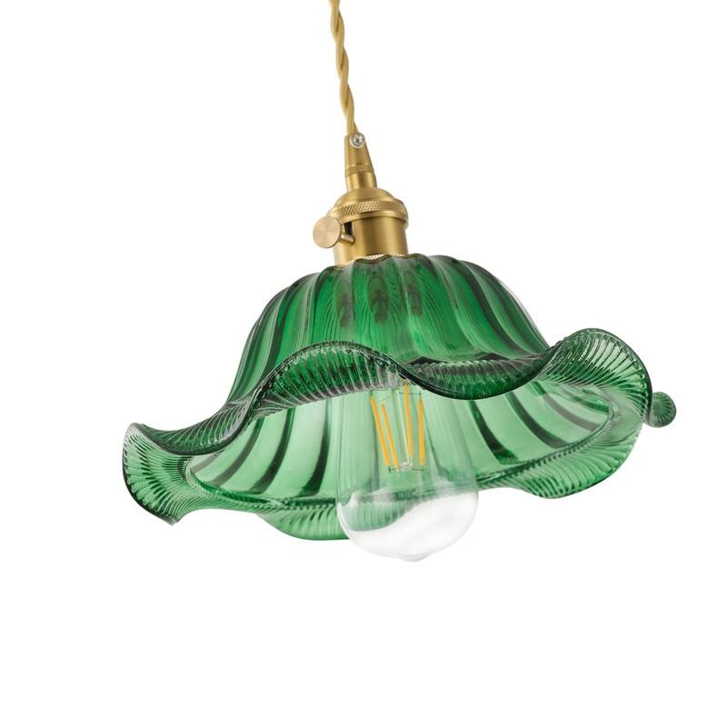 Modern 1-Light Pendant with Green Glass Shade and Brass Finish