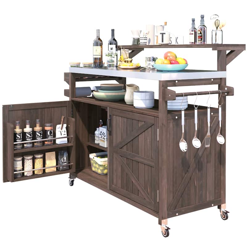 53.3" Outdoor Kitchen Island with Stainless Steel Top, Raised Shelf Solid Wood Storage Cabinet Outdoor Rolling Grill Cart