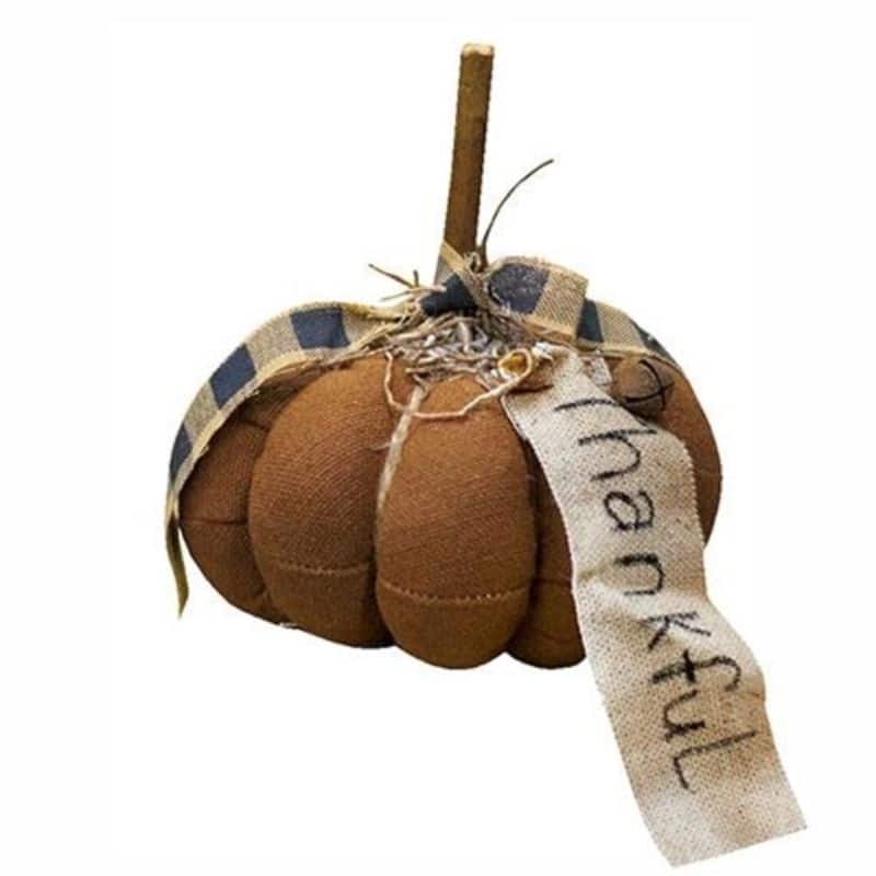 Brown Plush Plaid Bow Fabric Pumpkin Decoration with Stick Stem and "Thankful" Banner - 4" wide by 5" high