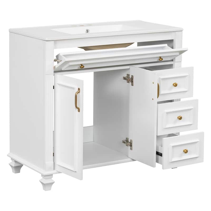 Roomfitters 36" Bathroom Vanity with Sink, Flip-Out Drawer, 3 Drawers, Soft-Close Doors, Solid Wood Cabinet