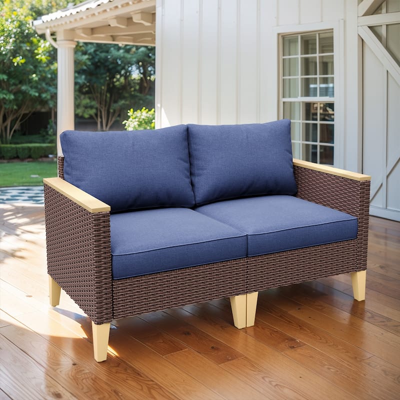 Outdoor Loveseat Sofa With Cushion - Blue - Brown