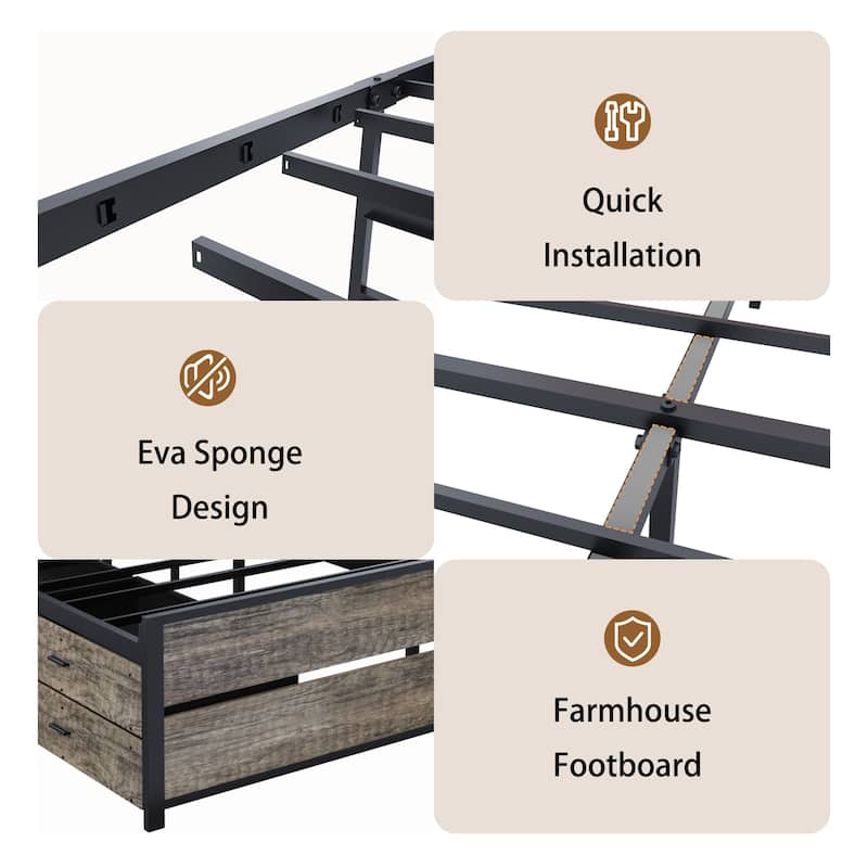 King Bed Frame, with Storage Headboard and 12 Drawers, Metal Platform Anti-skid and Noiseless Mattress Foundation