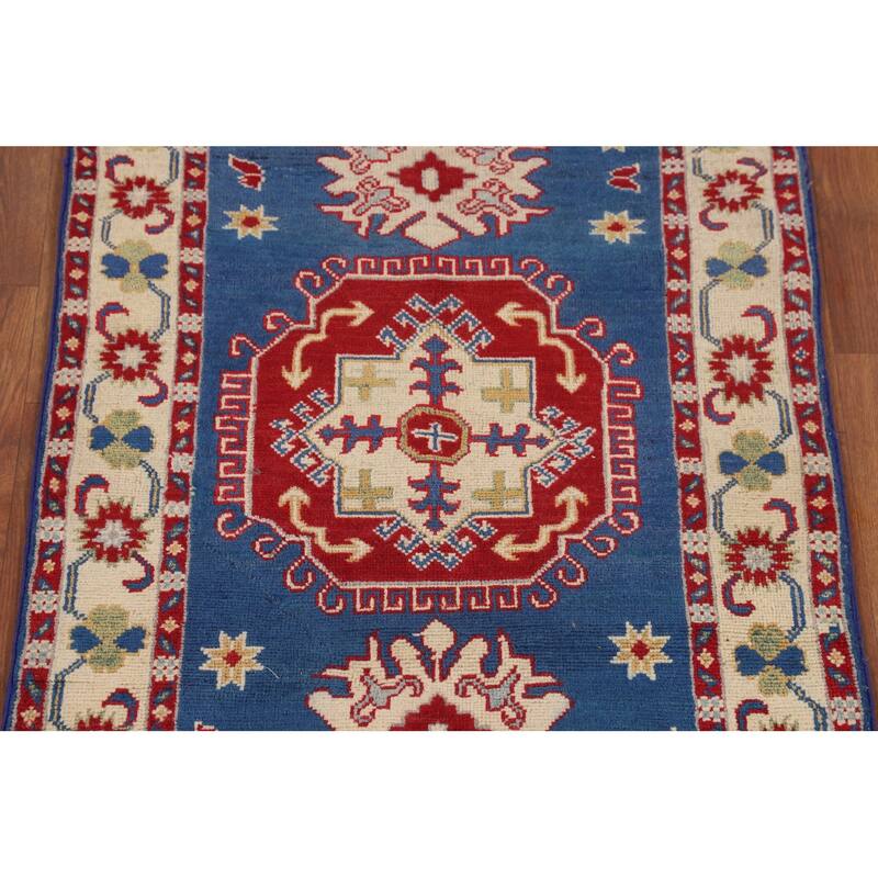 Geometric Kazak Foyer Rug Hand-Knotted Traditional Blue Wool Carpet - 2'7" x 3'11"