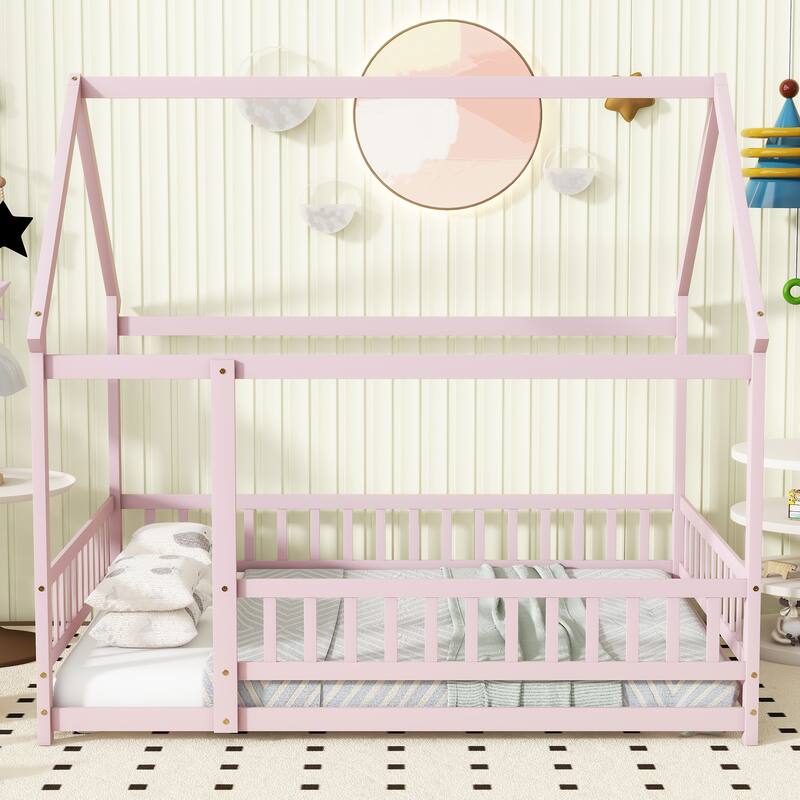 Full Size House Floor Wooden Bed with Roof Frame, Safety Guardrails - Pink