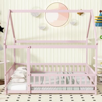 Full Size House Floor Wooden Bed with Roof Frame, Safety Guardrails