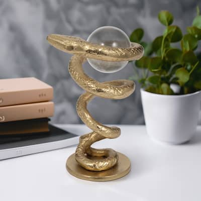 Sagebrook Home's Gold Novelty 7'' Metal Snake Coil Figurine with Acrylic Ball - 5" x 4" x 7"