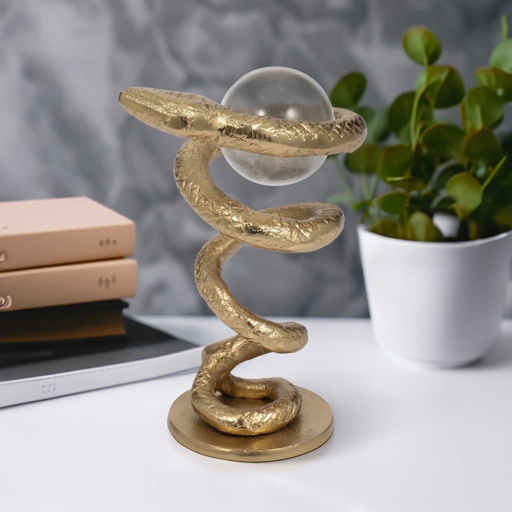 Sagebrook Home's Gold Novelty 7'' Metal Snake Coil Figurine with Acrylic Ball - 5" x 4" x 7"