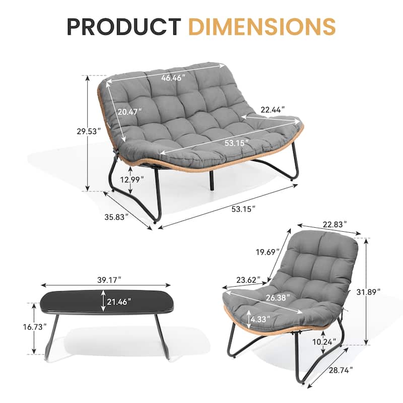 Double Papasan Chair Loveseat with Cushion, All-weather PE Rattan and Metal Frame for Indoor Outdoor