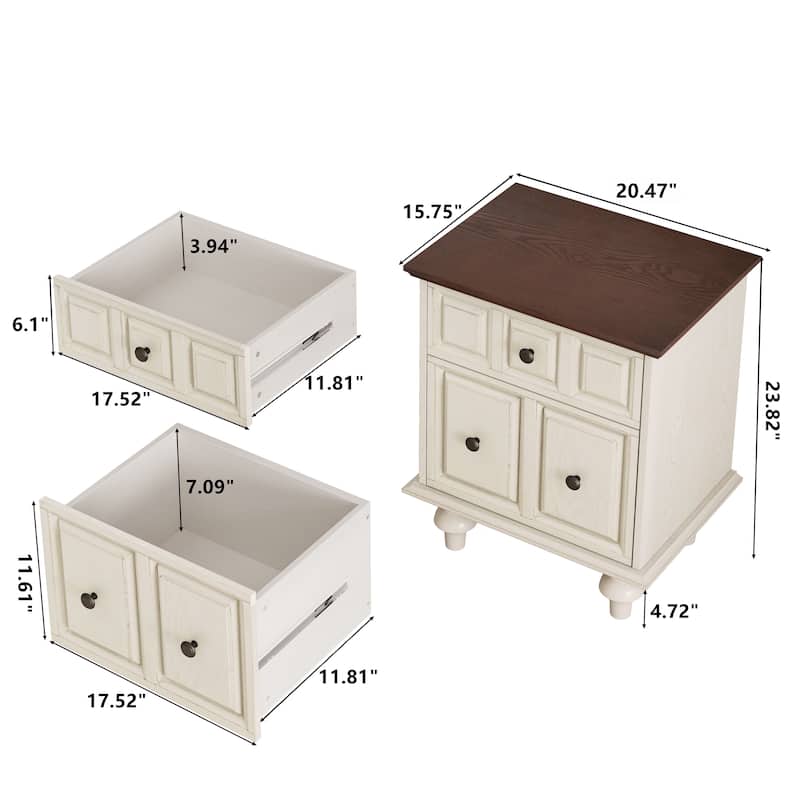Vintage Nightstand with 2 Drawers and Roman Column Legs, Solid Wood Bedside End Table(Set of 2)