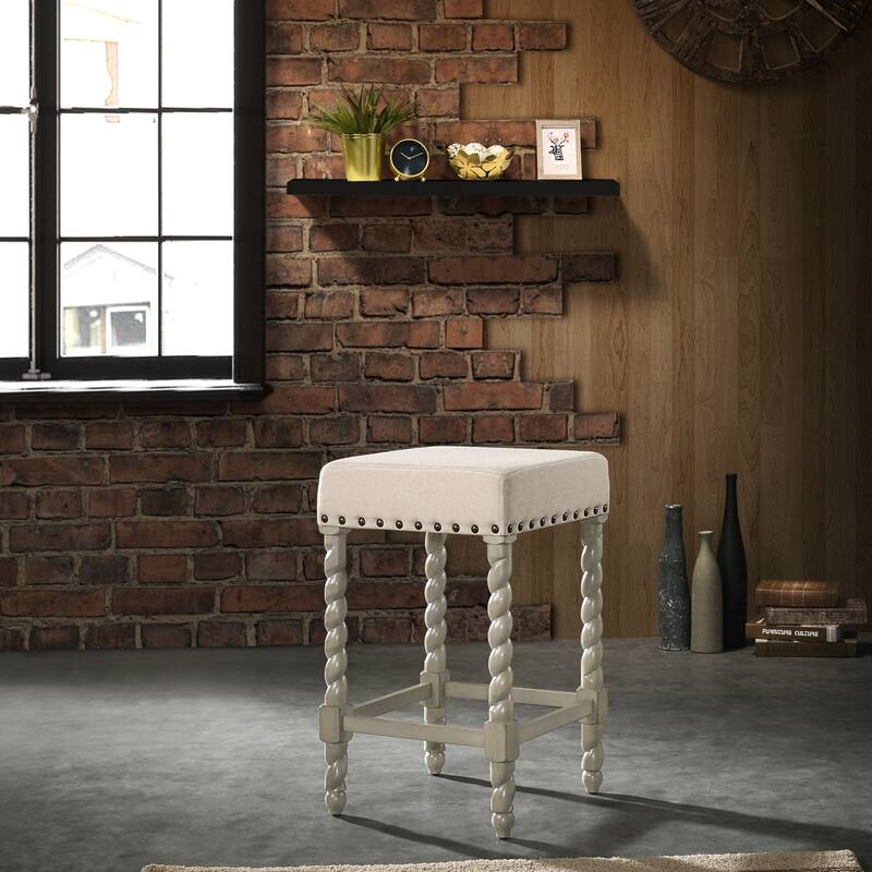24" Beige Gray Nailhead Trimmed Counter Stool with Barley Twist Legs