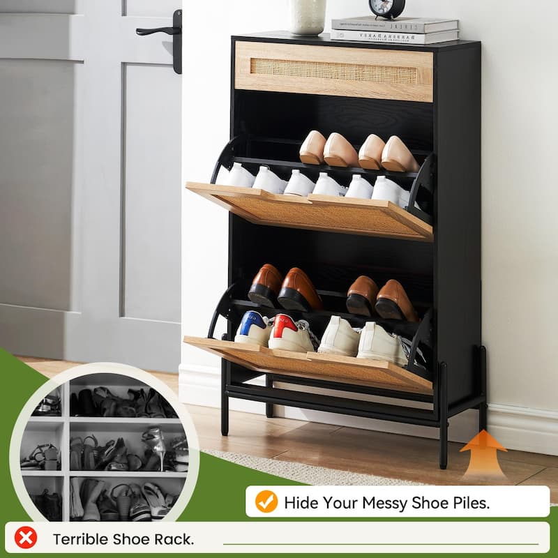 Natural Rattan 2 Flip Door with 1 Drawer Shoe Cabinet Organizer Freestanding, Modern Shoe Rack Storage Organizer - 24x9.4x40.3in