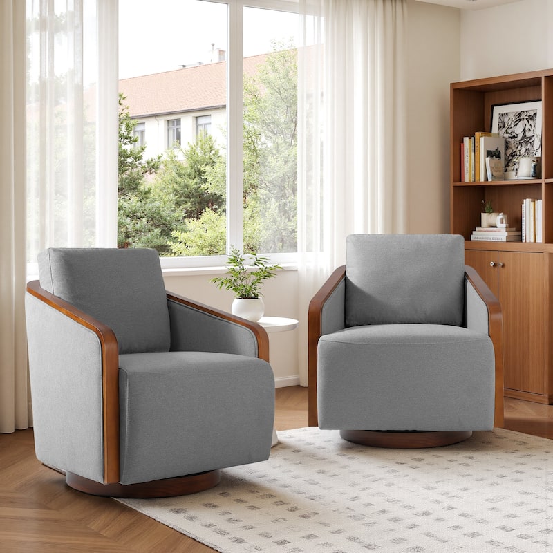 Chenille Modern 360°Swivel Barrel Chair Wood Base (Set of 2)