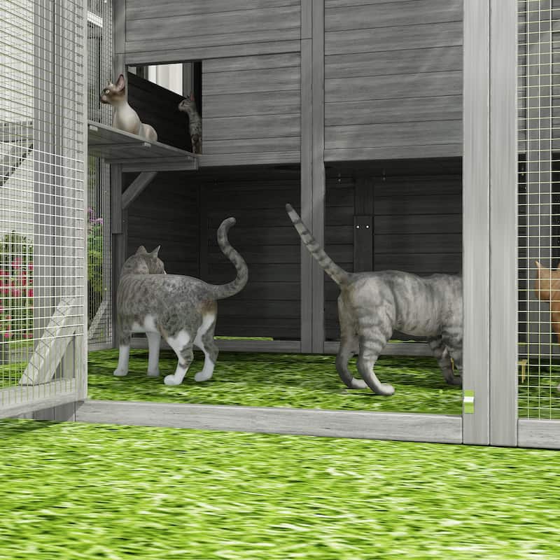 Large Outdoor Wooden Chicken Coop & Cat Enclosure with Run, 2 Colors Pet Cage