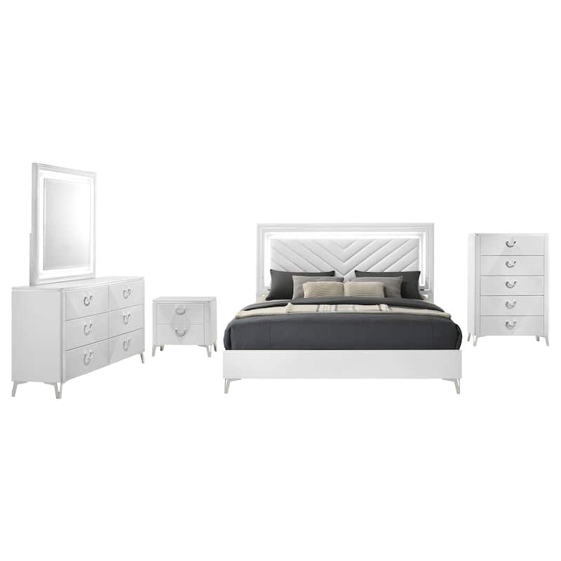 Cassia LED Bedroom Set White High Gloss - Eastern King - 5 Piece
