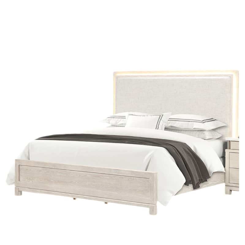 Loji King Bed, Upholstered Headboard with LED, Weathered Gray Wood