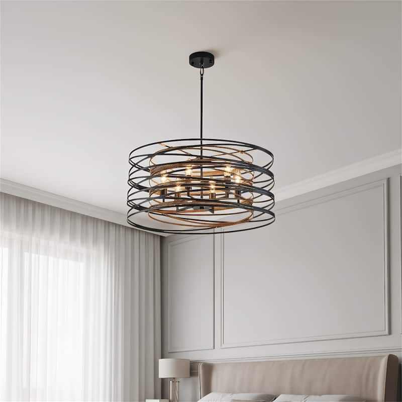 24" Modern Farmhouse Metal Cage Chandelier - Walnut+Black