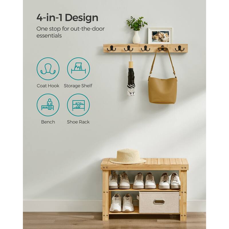 4-in-1 Wicker Hall Tree with Bench and 2 Bottom Shelves 5 Double Hooks for Bags and 3 Pairs of Shoes - 11.3"D x 27.6"W x 17.8"H