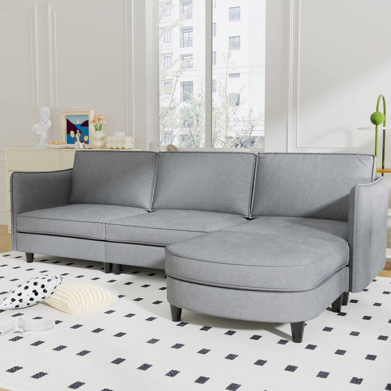 107.8'' 3 Seater L-Shaped Grey Fabric Sofa with Movable Ottoman & Arm Pockets