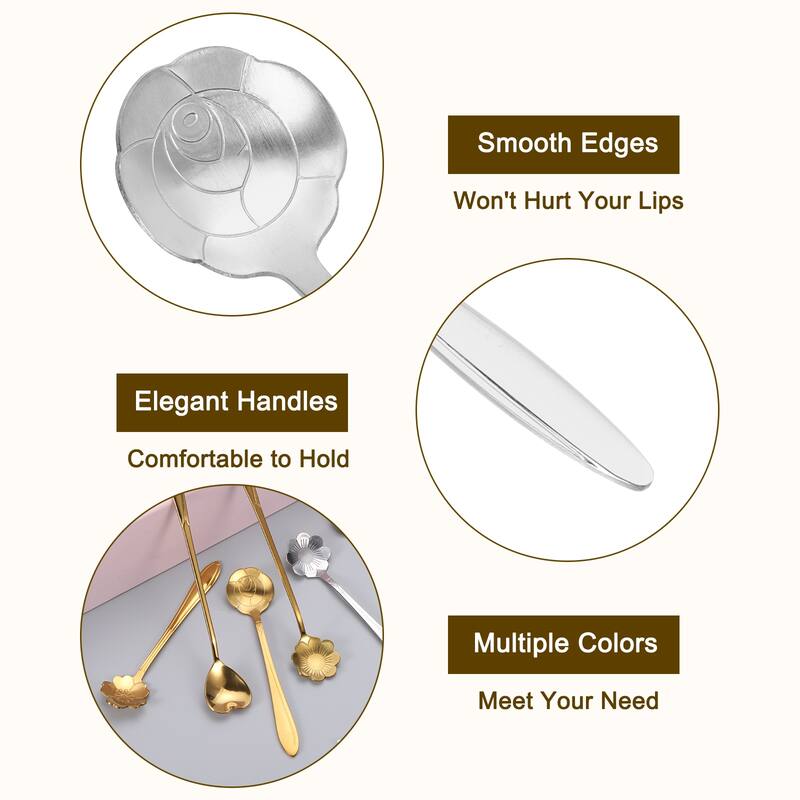 4Pcs 7" Stainless Steel Long Handle Rose Teaspoon Coffee Spoon