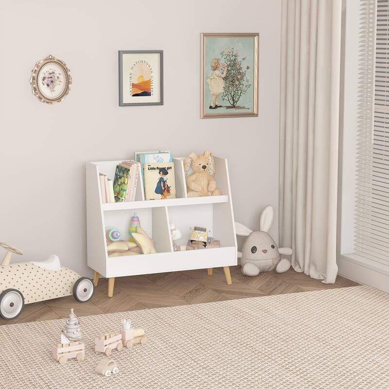 Kids Bookshelf and Toy Organizer, 5 Cubbies Wooden Open Bookcase, 2-Tier Baby Storage Display Organizer with Legs