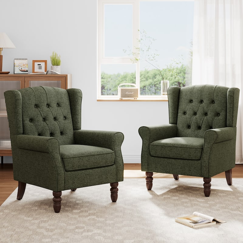 Button Tufted Armchair Wingback Wood legs Accent Chairs (Set of 2) - Green-Chenille