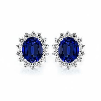 Auriya Fancy 10 3/4ct Royal Blue Sapphire Oval and 2 3/8ctw Halo Diamond Stud Earrings 18K Gold