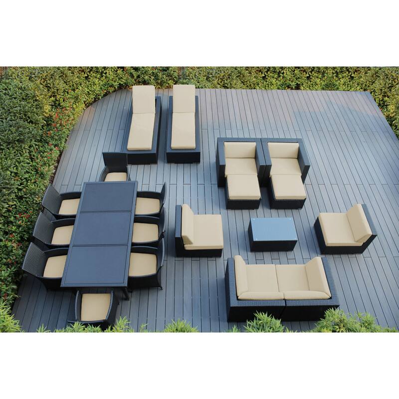 Ohana Outdoor Patio 20 Piece Black Wicker Sofa, Dining and Chaise Set - Sunbrella Antique Beige