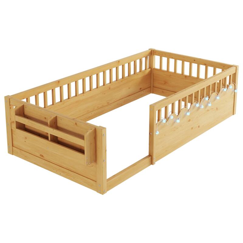 Wooden Kids Montessori Floor Bed with LED Light and Storage Shelf, No Slats