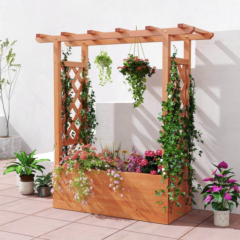 Costway 1/2 PCS Wooden Raised Garden Bed with Trellis & Hanging Roof