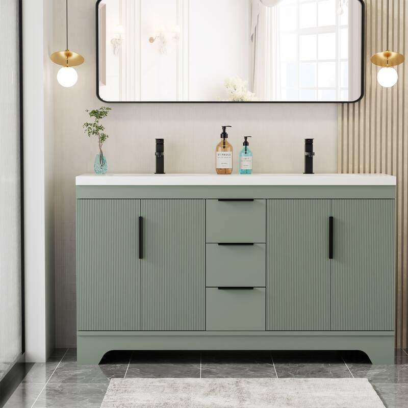 Vertical Stripes Bathroom Vanity Set with Sink Top & Faucet - 60"Double Sink - Grey-60"Double Sink