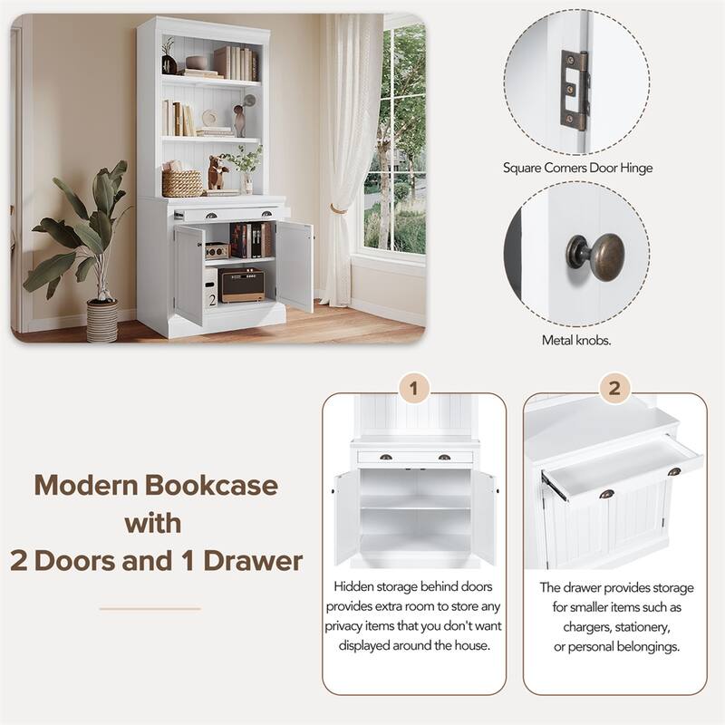 83.4"Tall Storage Bookshelf with LED Lighting, 2 Doors and 1 Drawer