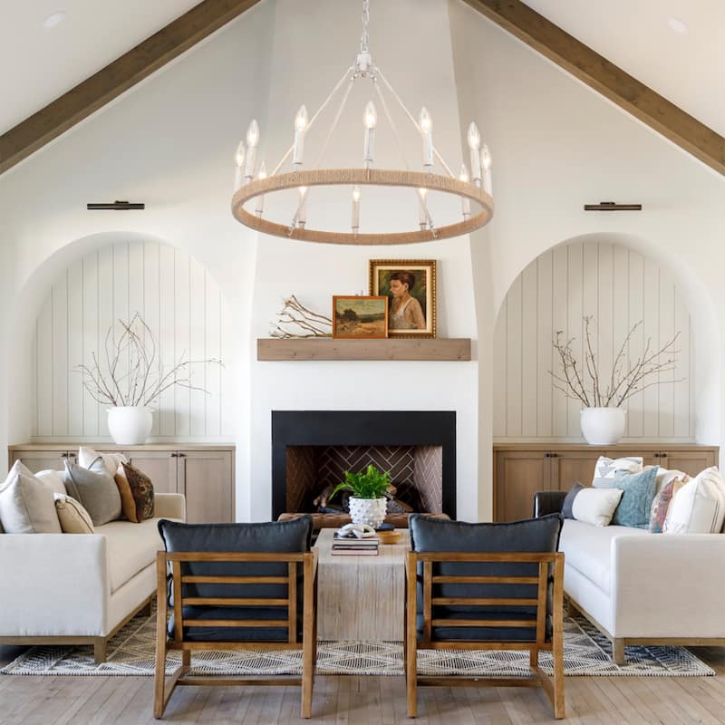 12-Light W26.77" x H78.74" Hemp Rope Wagon Wheel Chandelier for Living Room