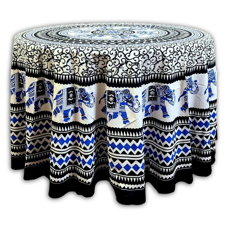 Cotton Palatial Elephant Floral Tablecloth Round - 72-in Round - Blue Black