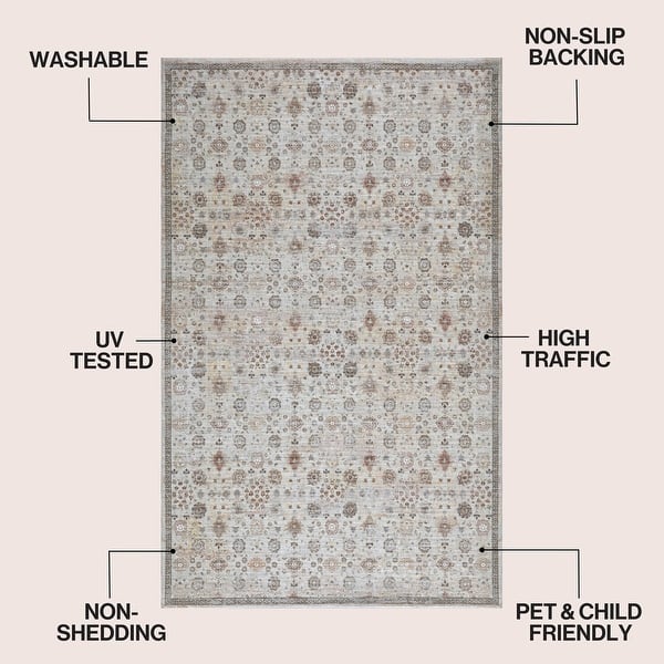 dimension image slide 4 of 13, Petunia Distressed All-Over Floral Border Non-Slip Machine-Washable Rug