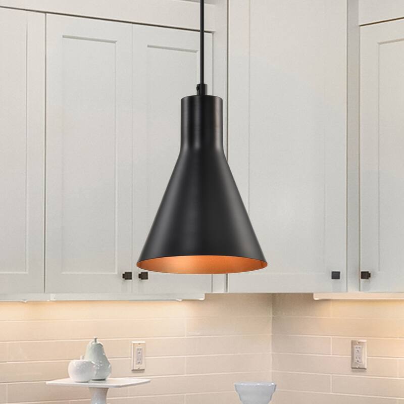 1-Light Matte Black Metal Cone Hanging Kitchen Pendant Light
